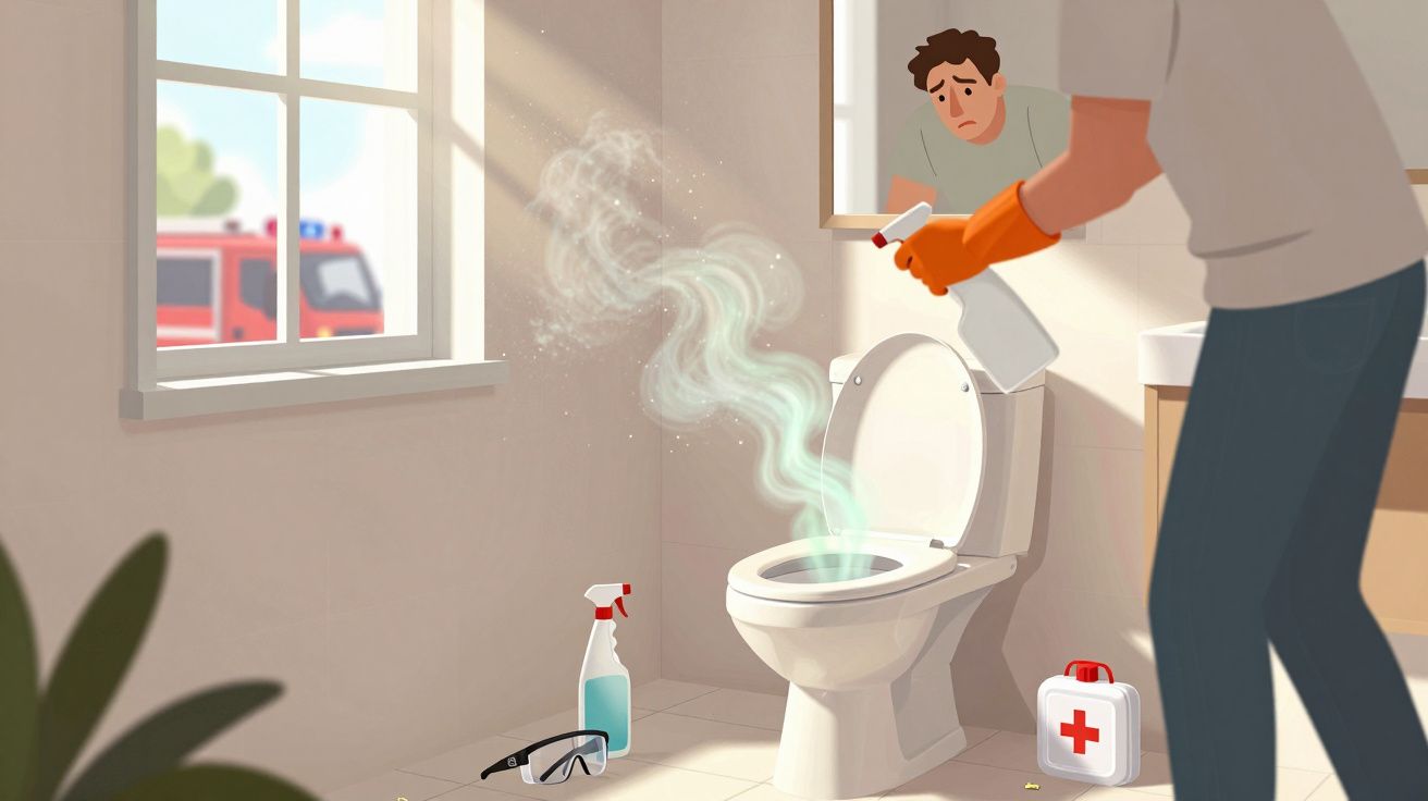 Homem a tratar de um vaso sanitário fumegante com produtos de limpeza, preocupado, num banheiro.