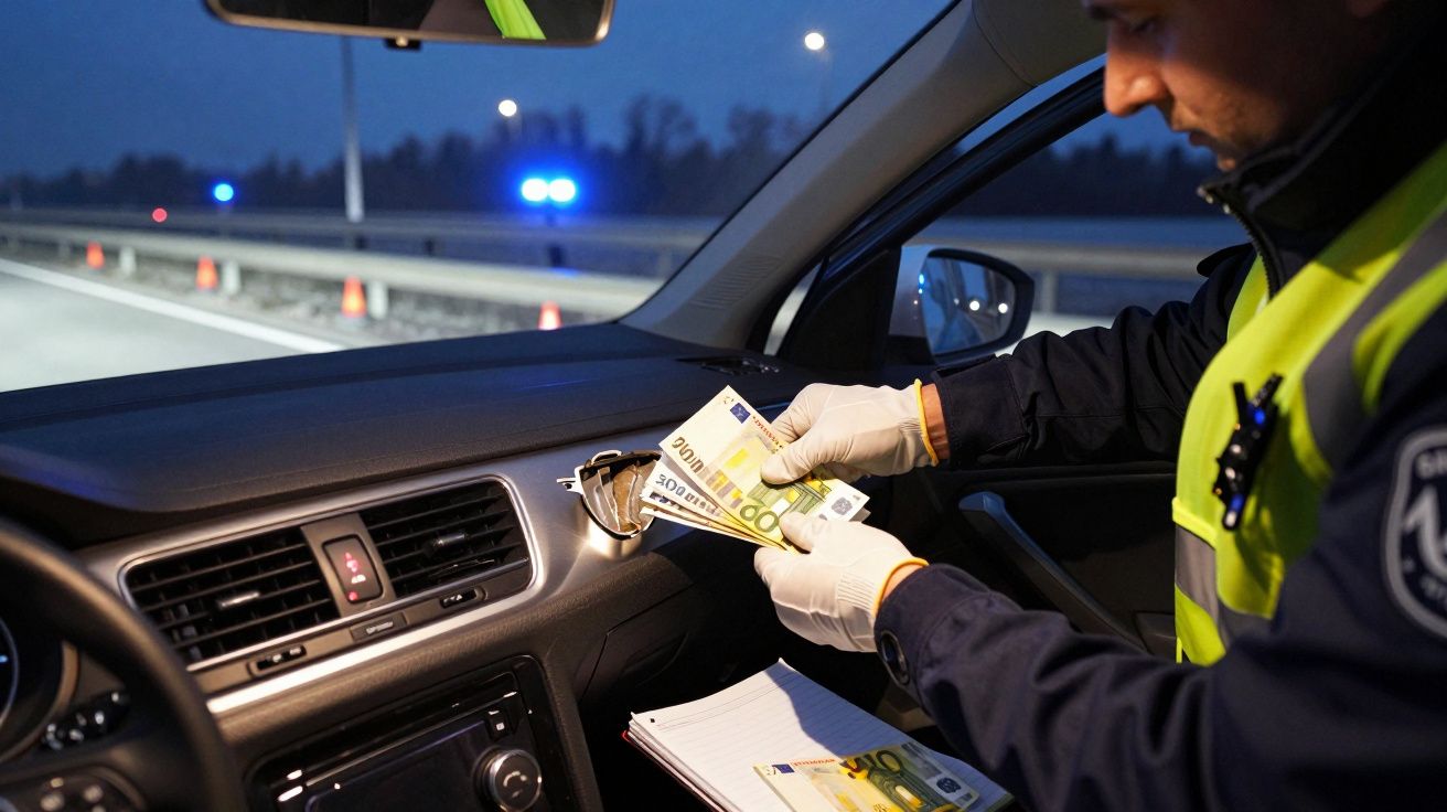 Polícia com colete refletor conta notas de euro dentro de viatura na noite numa estrada.