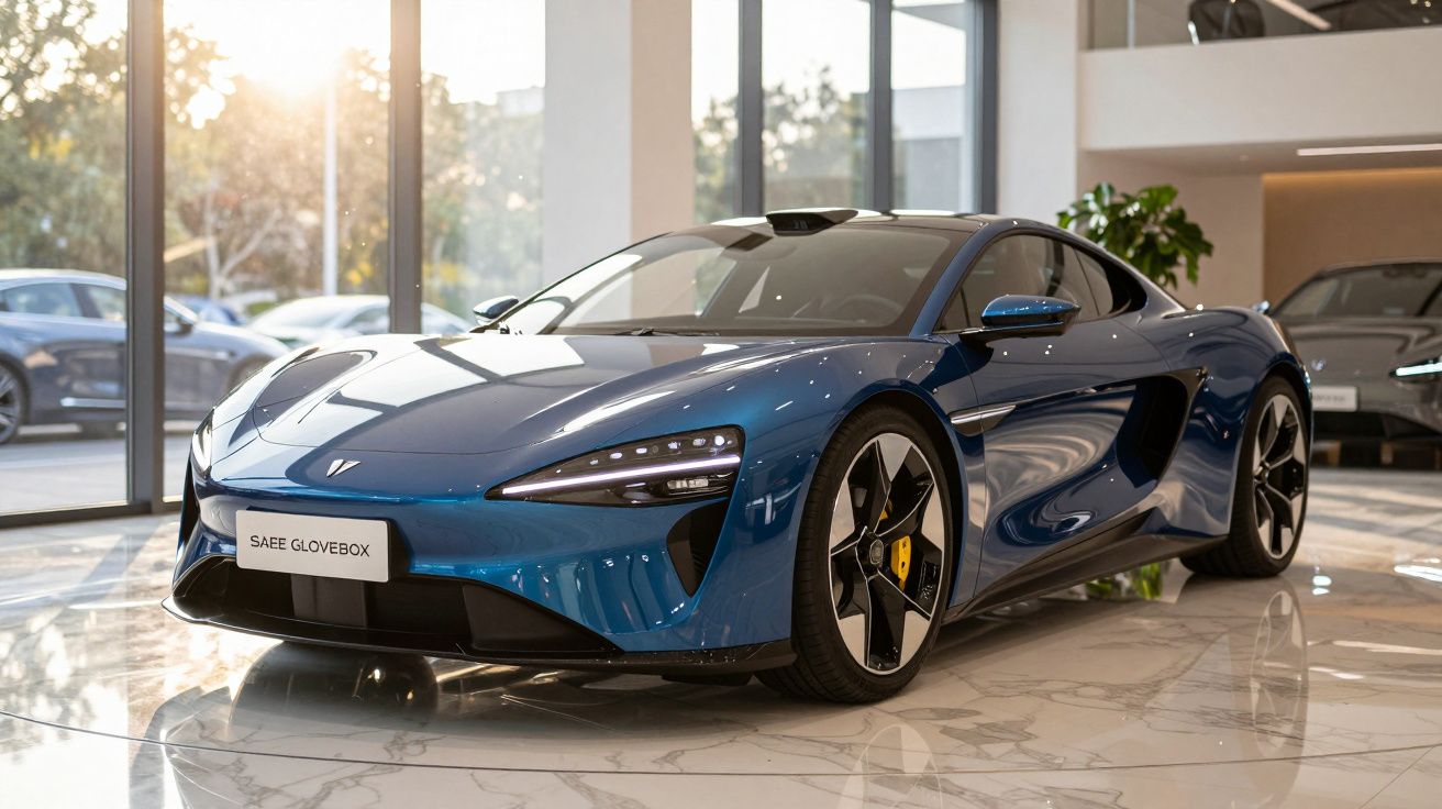 Carro desportivo azul metálico elétrico estacionado num showroom moderno com chão de mármore.