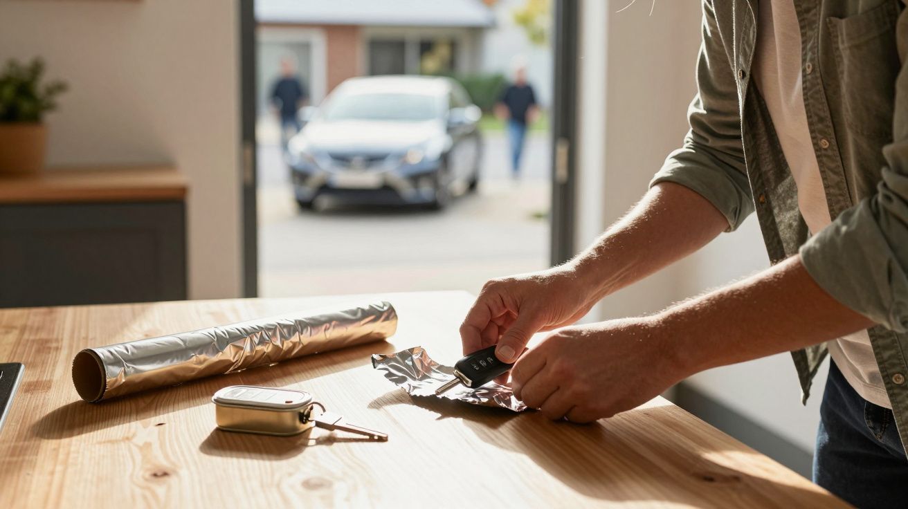 Pessoa a embrulhar a chave de um carro em folha de alumínio numa cozinha, automóvel e pessoas ao fundo.