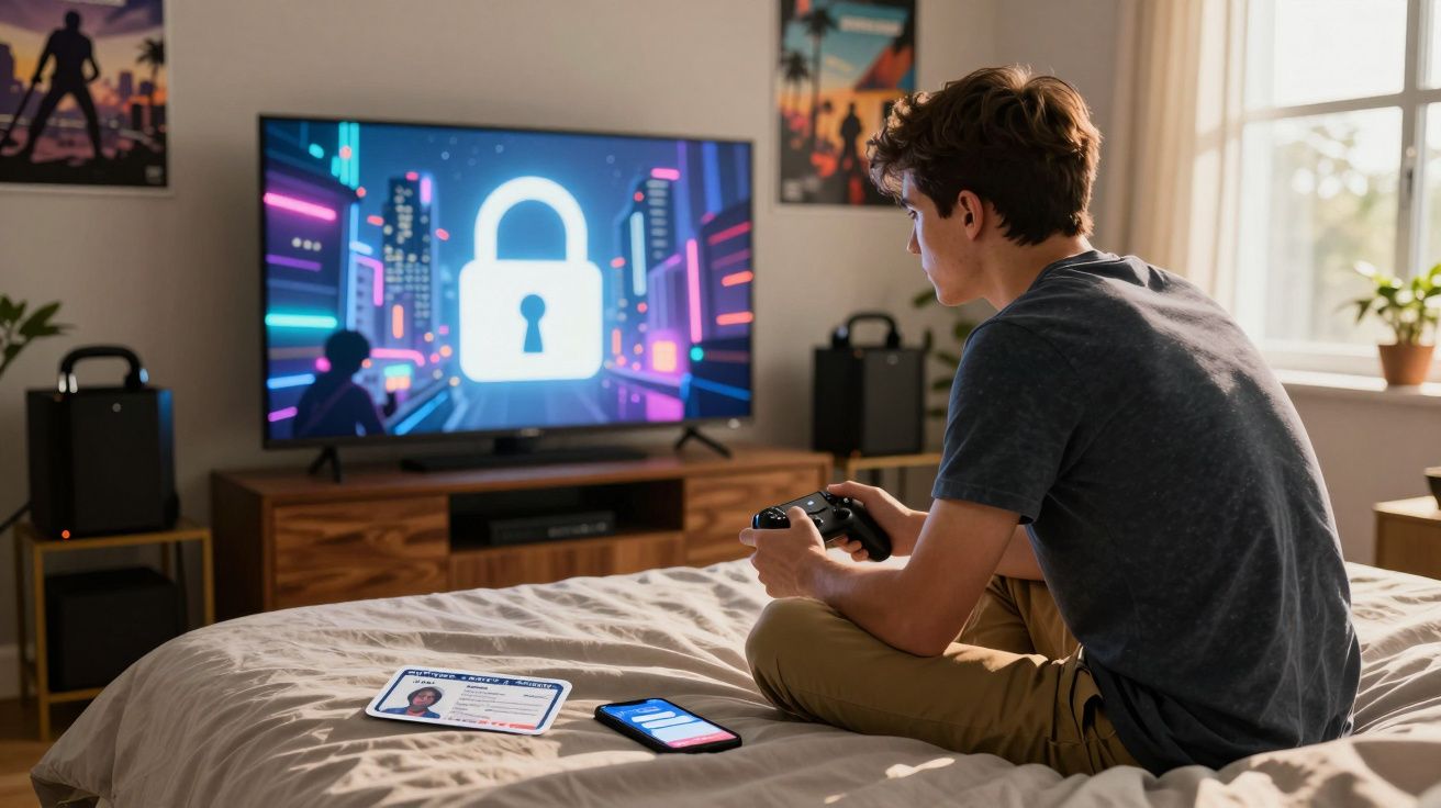 Jovem sentado na cama com comando de videojogo, TV mostra cadeado, bolso com ID e smartphone na cama.