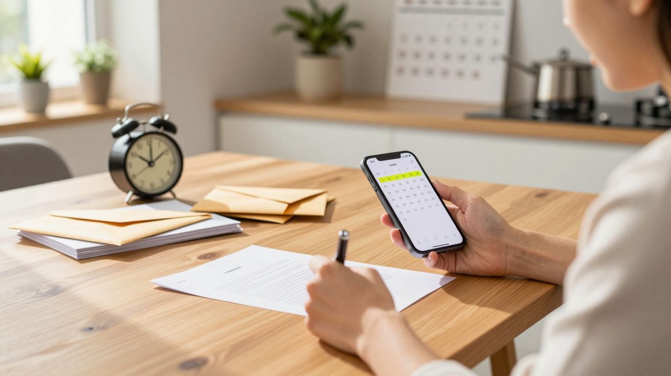 Pessoa a consultar calendário no telemóvel enquanto escreve numa mesa com cartas e relógio analógico.