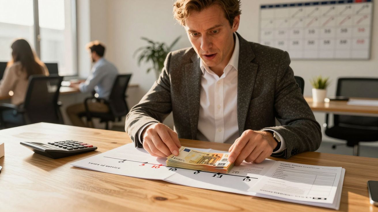 Homem de negócios a contar notas de euro sentado numa mesa com documentos e calculadora no escritório.