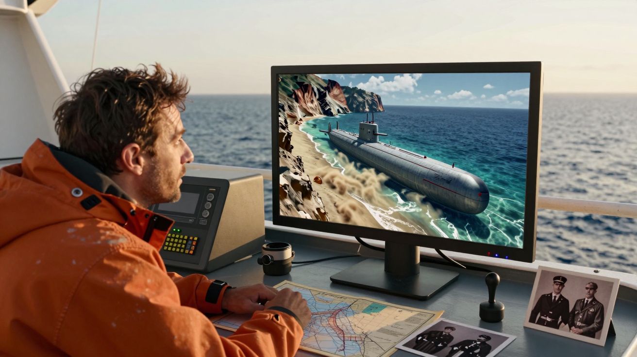Homem a observar e analisar imagem de submarino no ecrã de um computador num barco no mar.