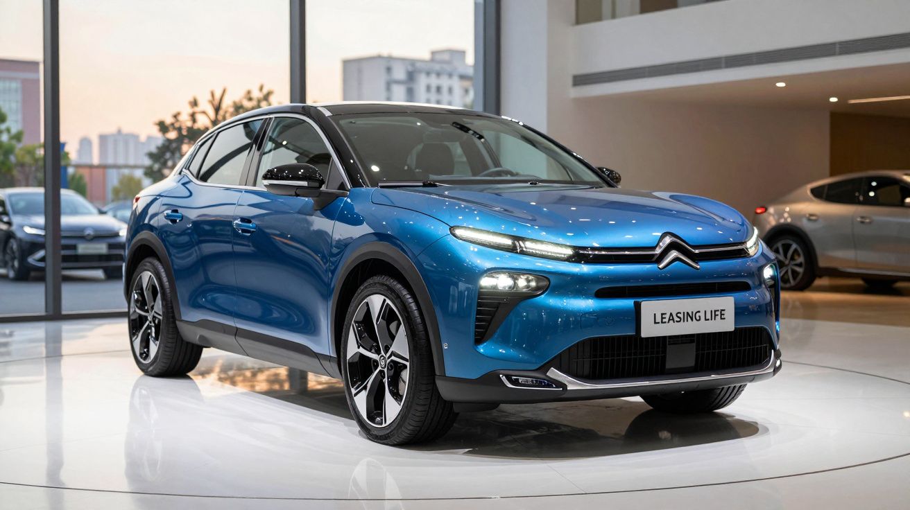 Automóvel Citroën elétrico azul exposto em showroom moderno com janelas grandes e luz natural.