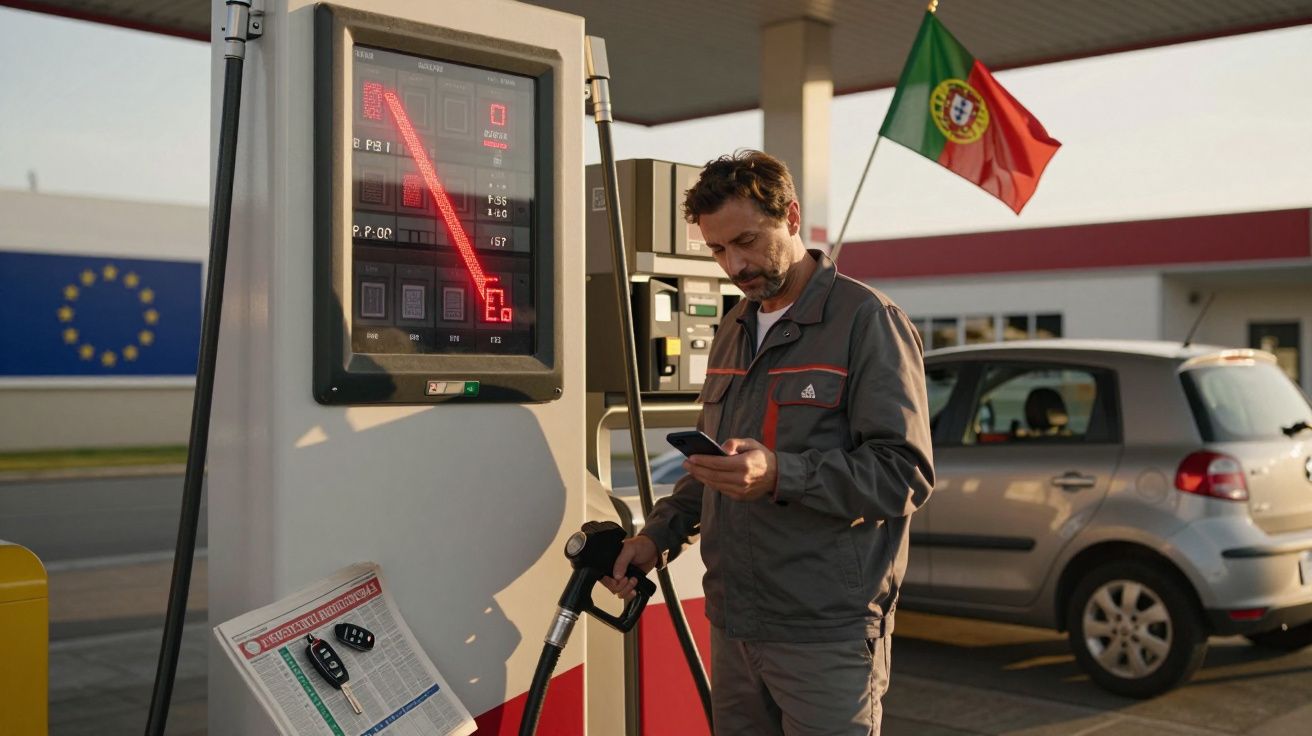 Homem abastece carro numa bomba de gasolina com bandeira de Portugal ao fundo.