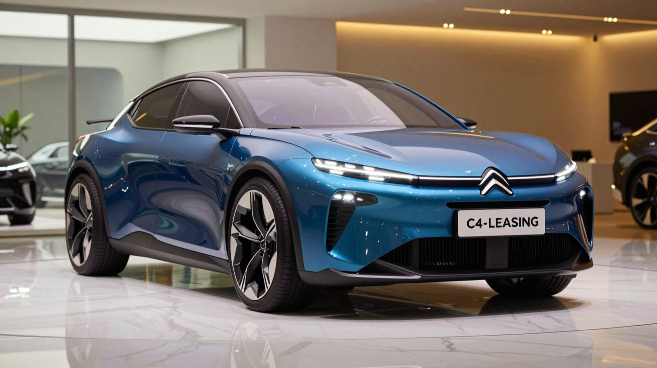 Carro elétrico Citroën C4 azul exposto num showroom moderno com chão em mármore.