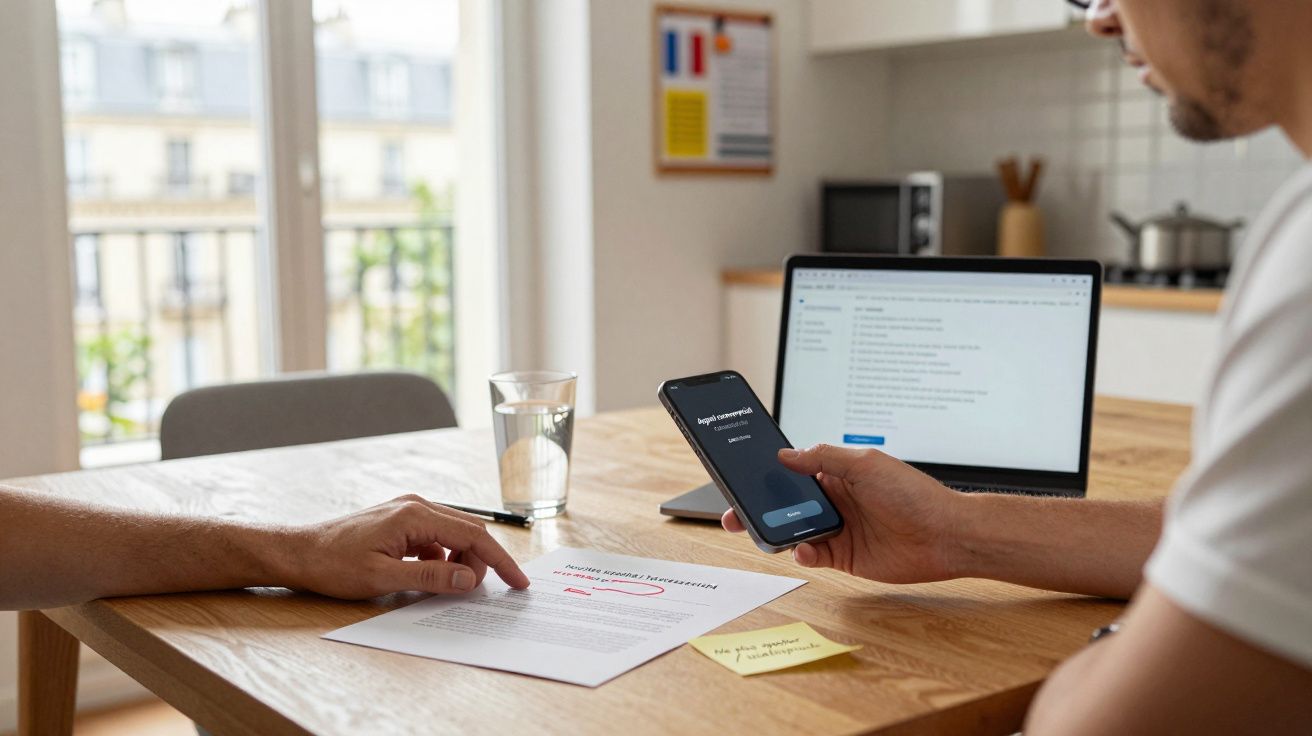 Duas pessoas sentadas à mesa com formulário, telemóvel a pedir código e computador portátil ao fundo.