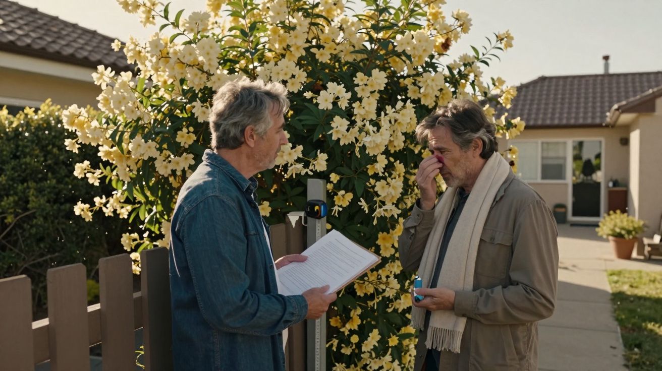 Dois homens adultos discutem em frente a uma casa com flores amarelas, um lê documentos e o outro parece preocupado.