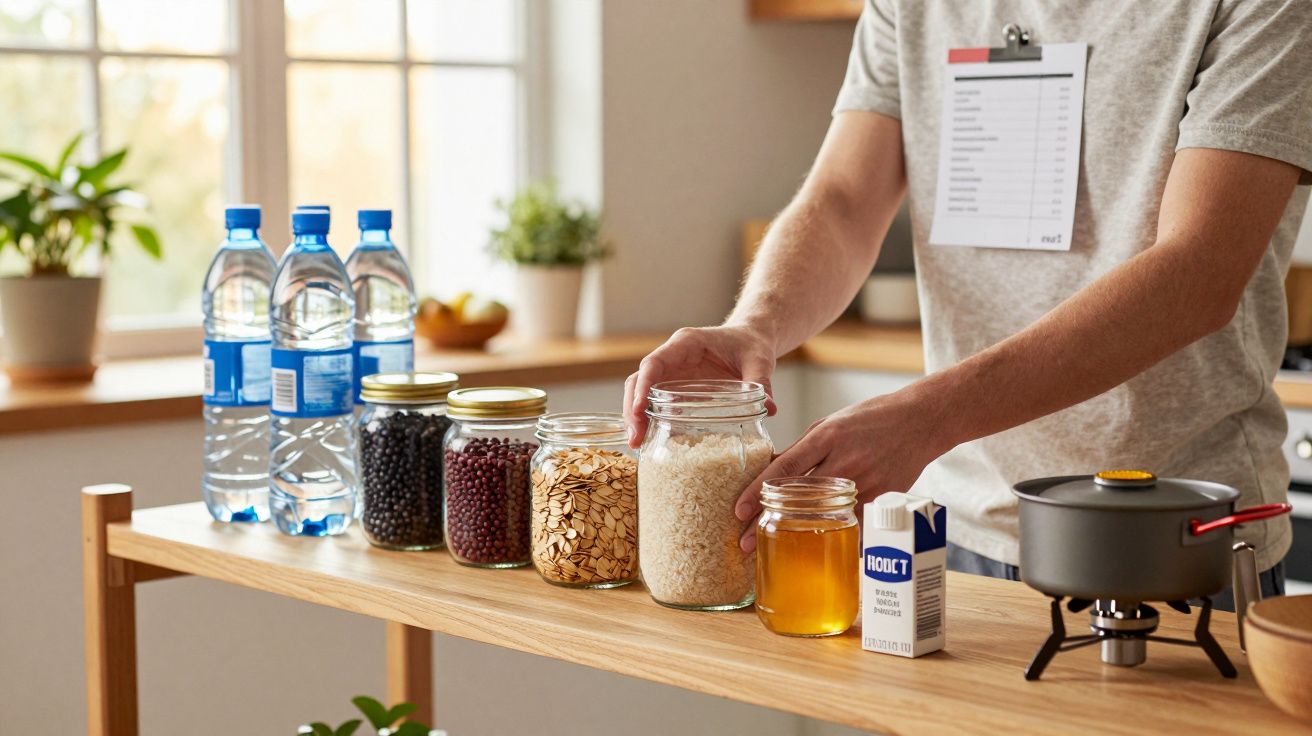 Pessoa organiza frascos com alimentos e águas sobre mesa de madeira na cozinha iluminada pela janela.