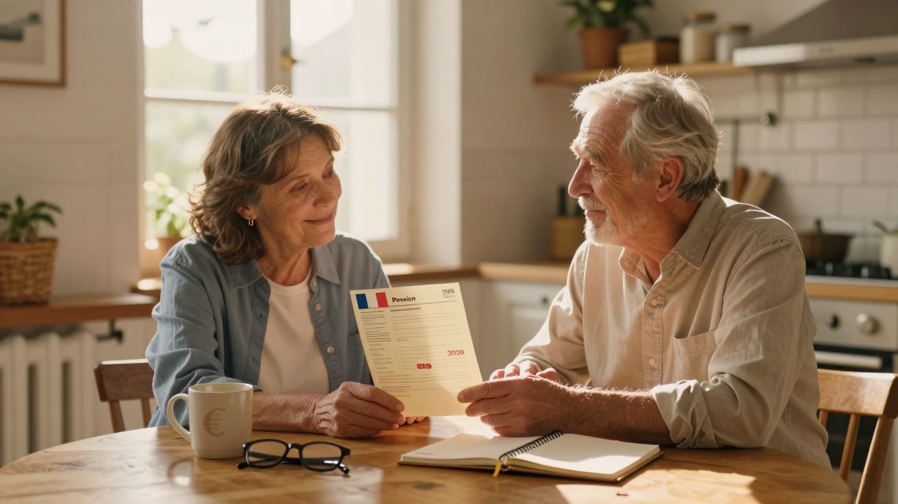 Casal sénior sentado à mesa da cozinha a analisar um documento conjunto com expressão serena.