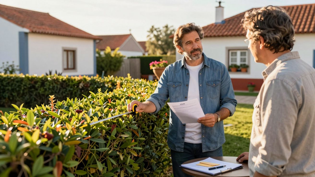 Dois homens conversam no jardim, um segura um papel e poda uma sebe, a outra segura uma secretária com documentos.