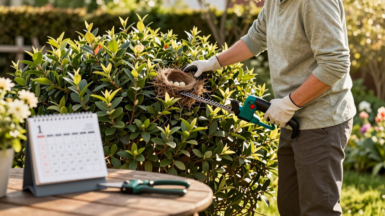 Pessoa a retirar um ninho com ovos de um arbusto durante a poda no jardim numa manhã soalheira.
