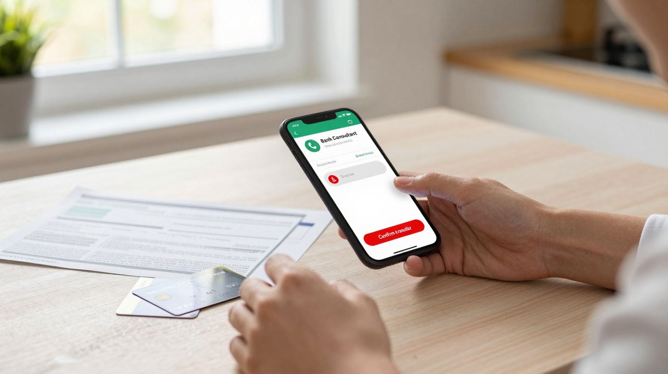 Pessoa a usar smartphone para validar pagamento enquanto segura cartão de crédito numa mesa com documento.