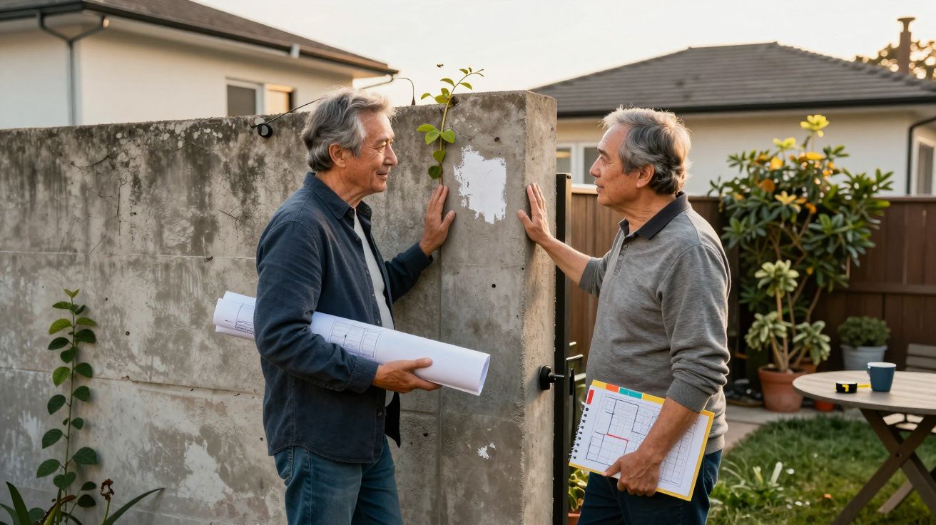 Dois homens conversam junto a um portão de casa, segurando plantas e projetos de construção.