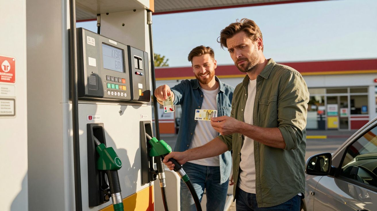 Dois homens a abastecer carro numa bomba de gasolina, segurando cartões para pagamento.