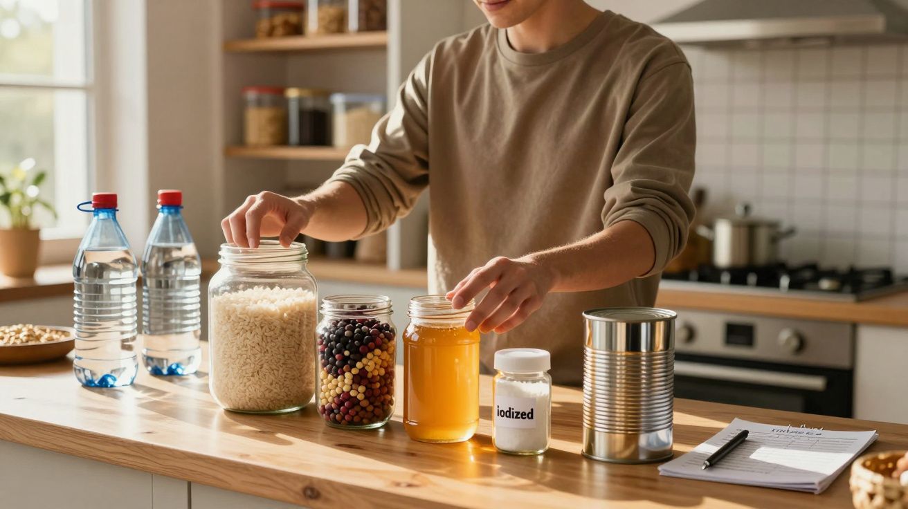 Pessoa a organizar frascos com arroz, leguminosas, mel e iodeto numa cozinha moderna.