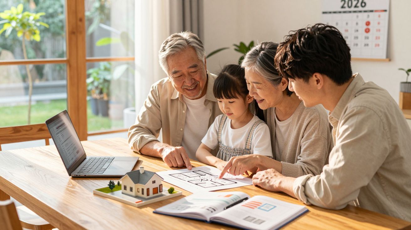 Família multigeracional planeia projeto de construção com planta e maquete de casa numa mesa iluminada.