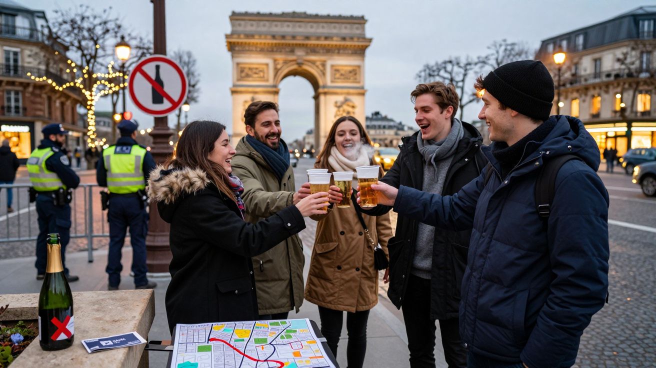 Grupo de cinco amigos a brindar com copos de cerveja perto do Arco do Triunfo em Paris ao entardecer.