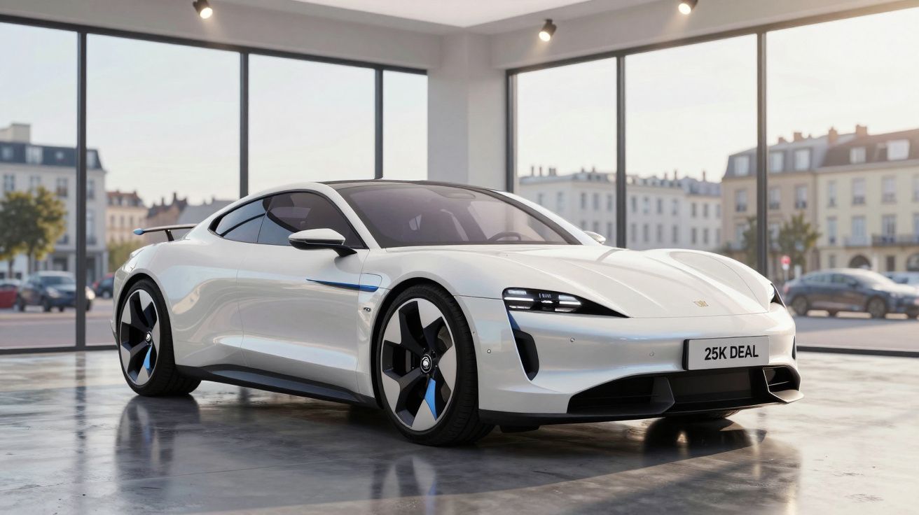 Carro desportivo branco com design aerodinâmico exposto numa garagem com paredes de vidro.