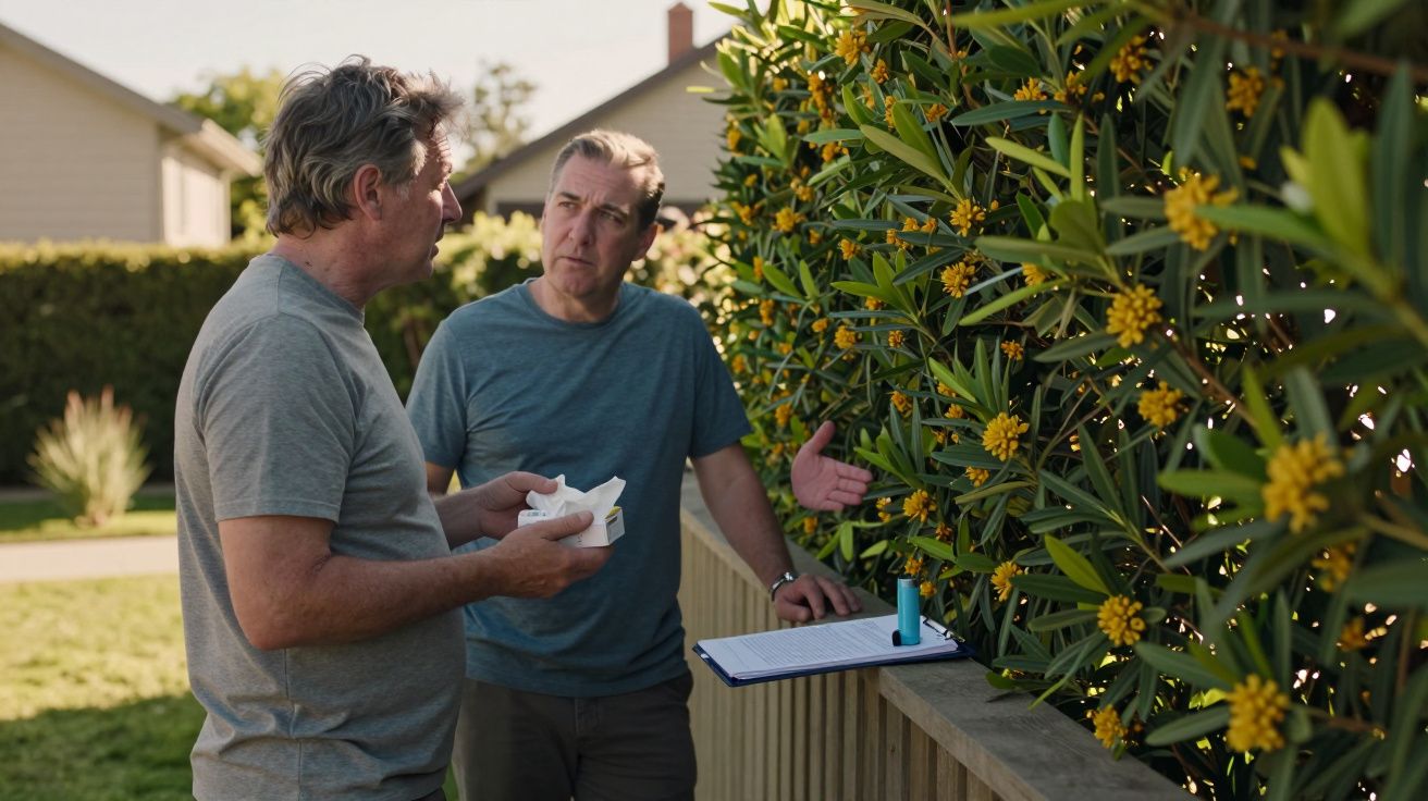 Dois homens conversam junto a uma sebe com flores amarelas, com folhas verdes, num jardim residencial.