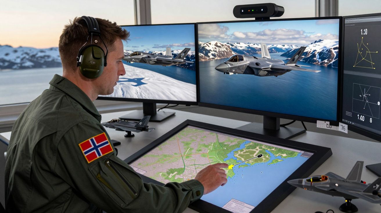 Militar norueguês em uniforme controla mapa digital e monitores com imagens de jatos de combate em ambiente de operação.