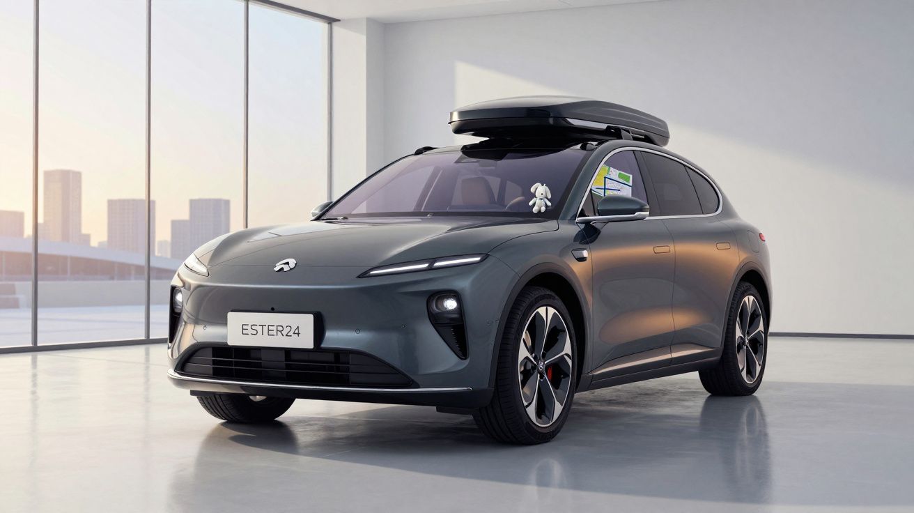 Carro elétrico cinza escuro com porta-bagagens no tejadilho, estacionado num espaço interior moderno e iluminado.