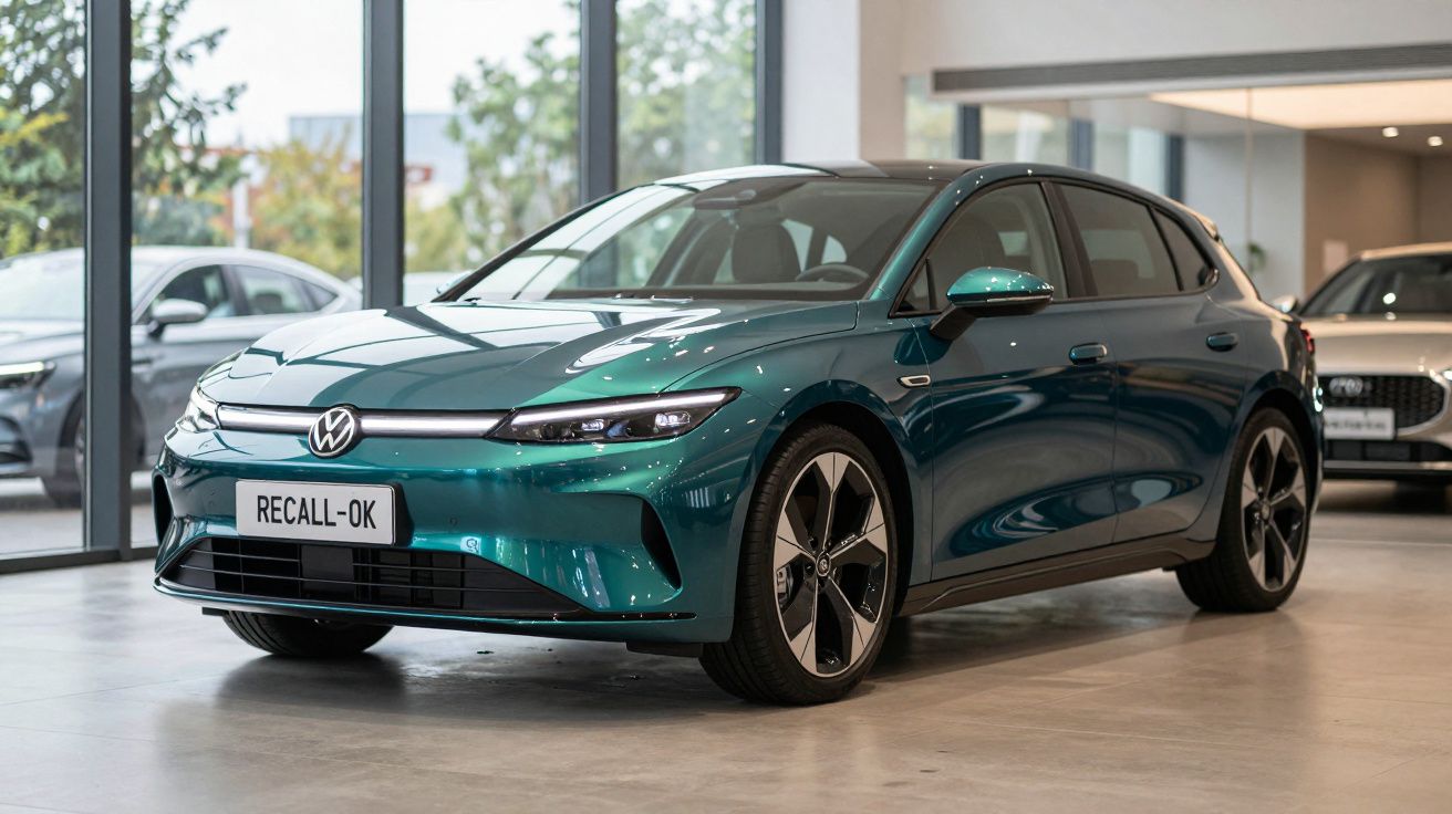Carro elétrico Volkswagen verde num showroom, com placa de matrícula "RECALL-OK" visível.