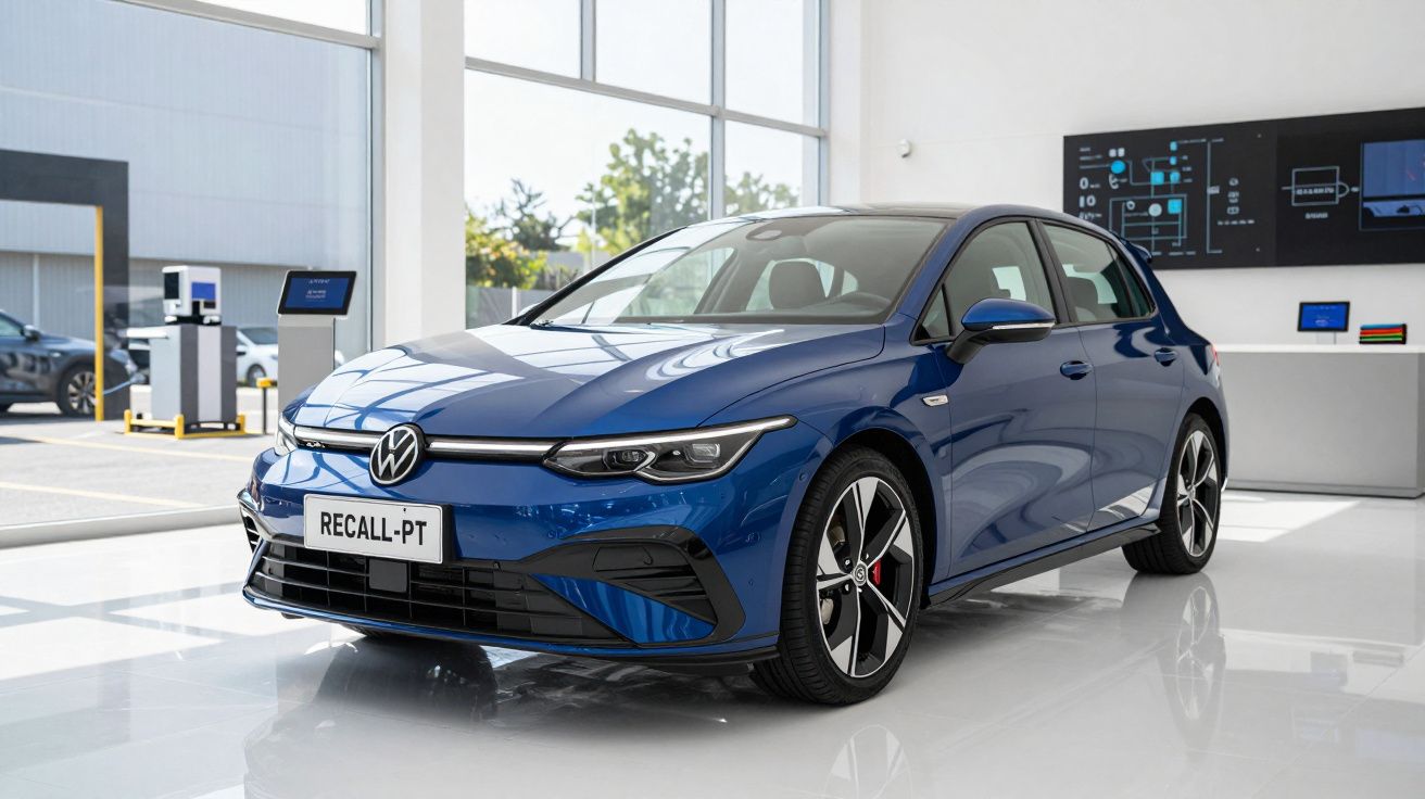 Carro Volkswagen Golf azul estacionado numa sala moderna e luminosa com janelas grandes.