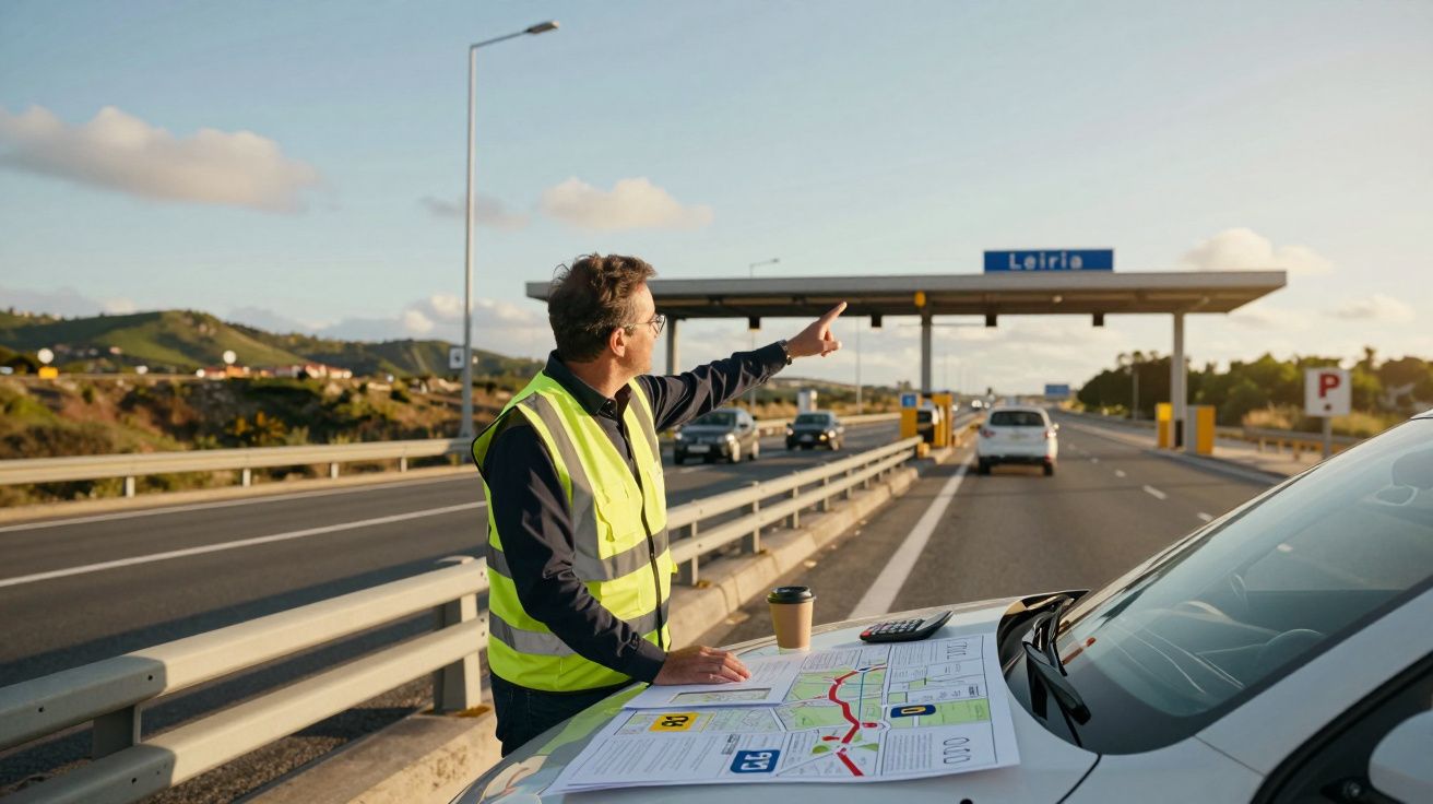Homem com colete refletor a apontar para portagem na autoestrada perto de Leiria ao pôr do sol.