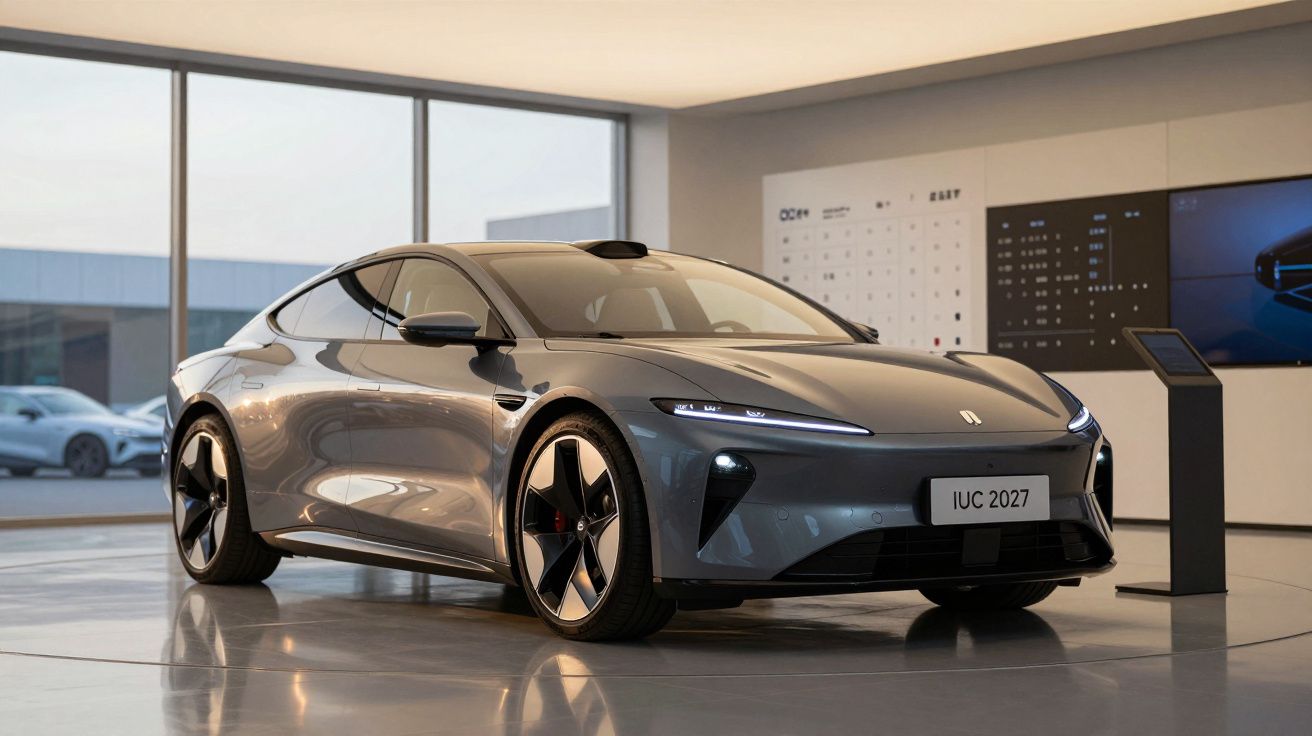 Carro elétrico cinza metálico moderno exposto em sala com janelas amplas e chão refletor.