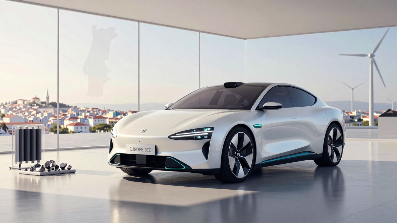 Carro elétrico branco futurista estacionado em showroom com vista para moinhos de vento e cidade ao fundo.