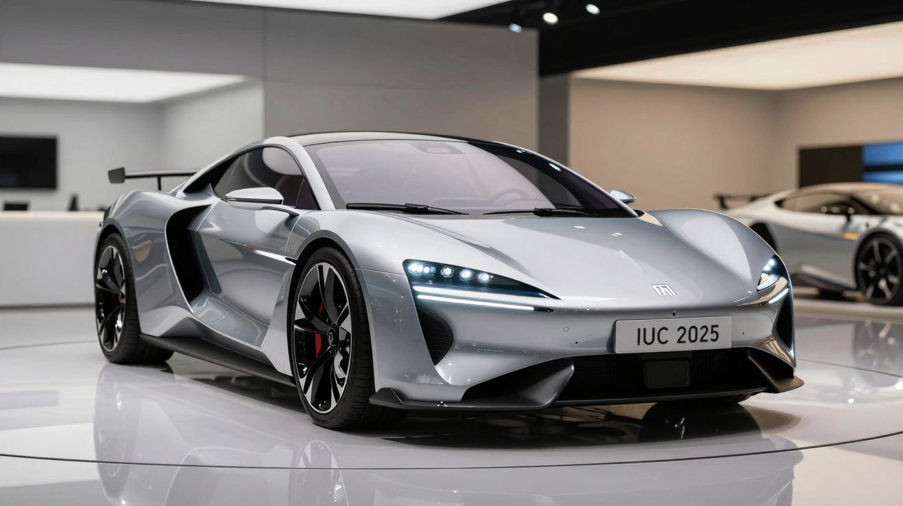 Carro desportivo elétrico prata em exposição num ambiente elegante e minimalista.