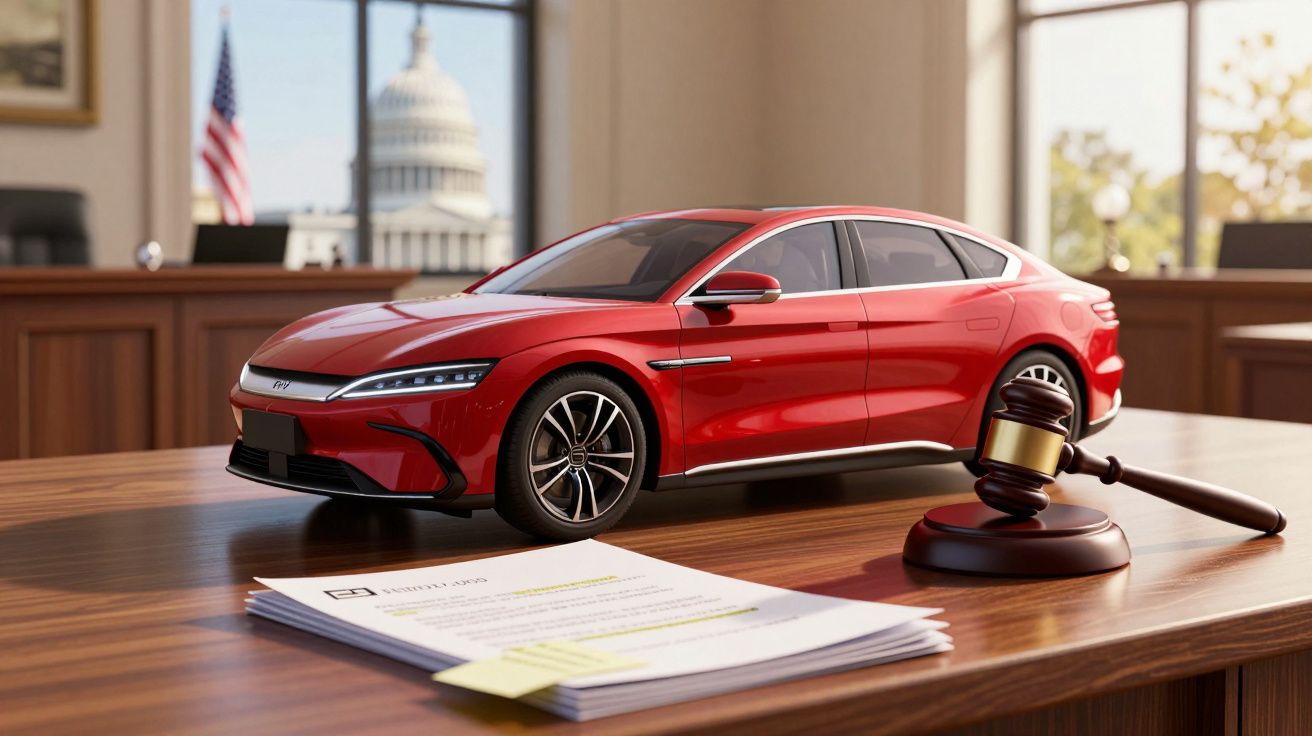 Carro desportivo vermelho em miniatura junto a um martelo de juiz e documentos numa mesa de escritório oficial.
