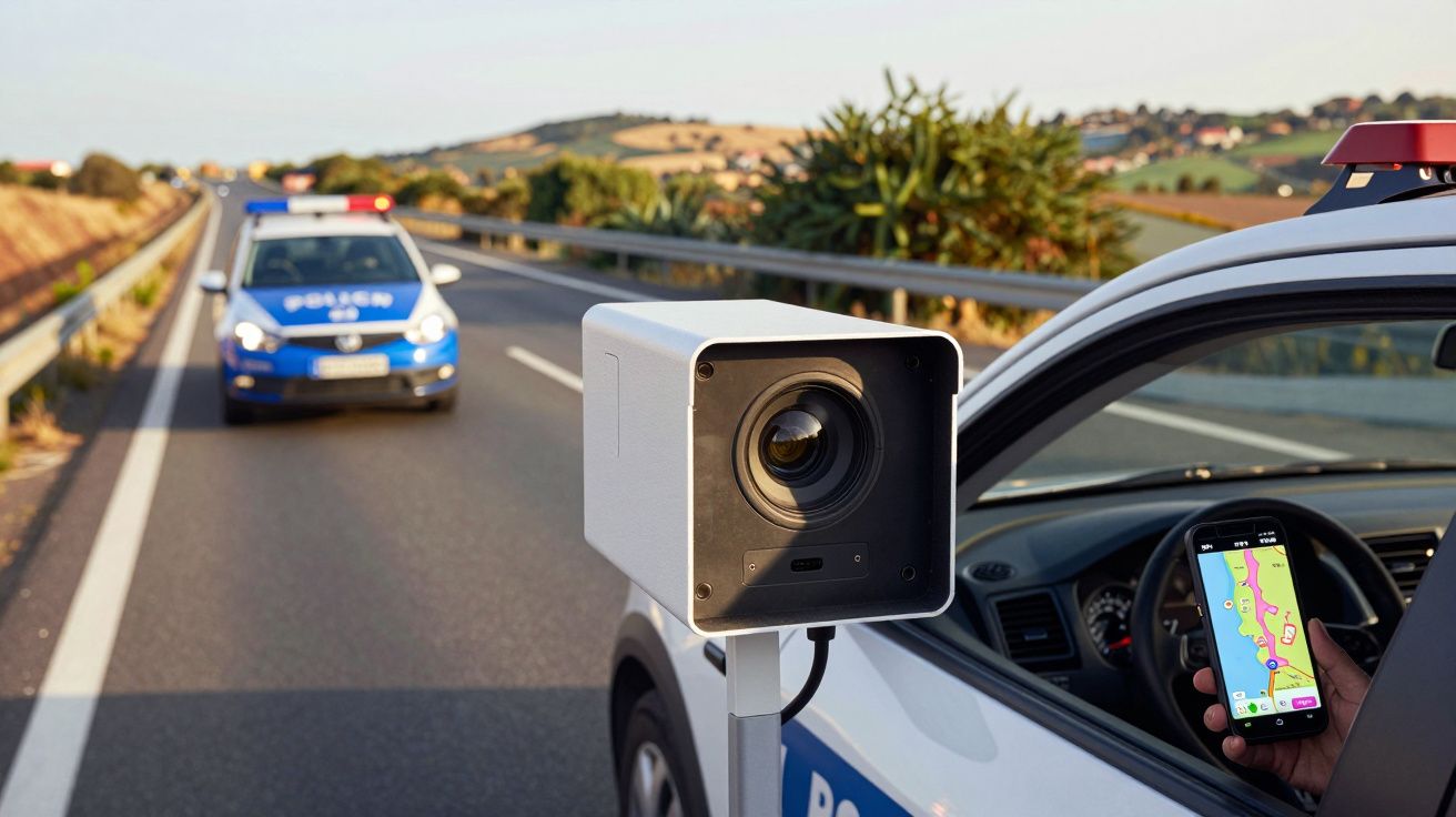 Radar de velocidade junto a viatura da polícia estacionada numa estrada rural com outro carro ao fundo.