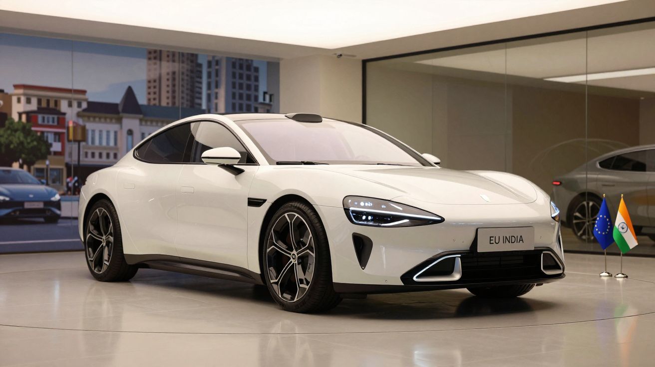 Carro elétrico branco modelo EU India exibido em sala moderna com bandeiras da UE e Índia ao lado.