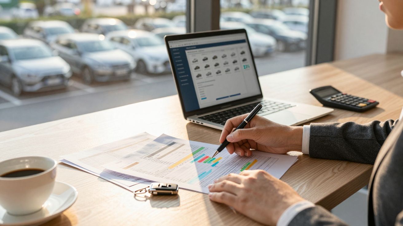 Pessoa a analisar documentos financeiros numa secretária com portátil, calculadora, café e vista para parque de estacionament