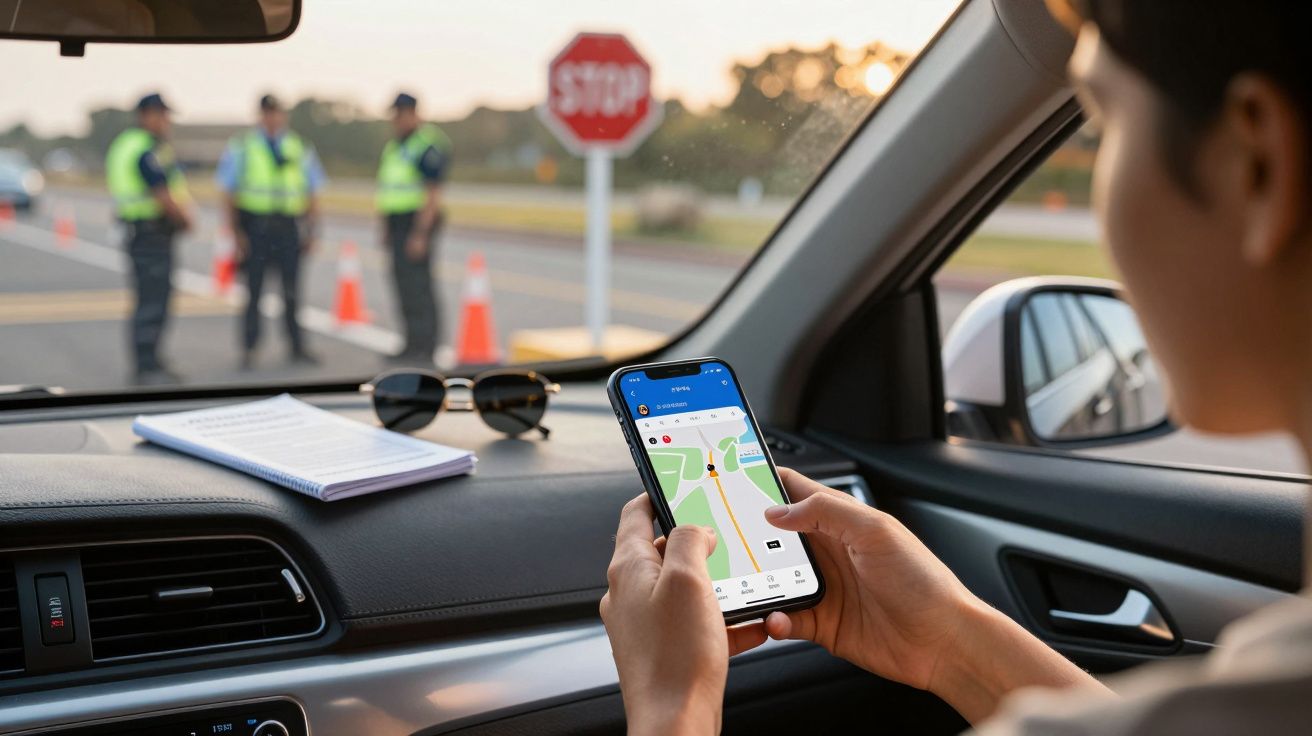 Pessoa dentro de carro a usar aplicação de GPS no telemóvel enquanto três agentes da polícia estão parados junto a um sinal d