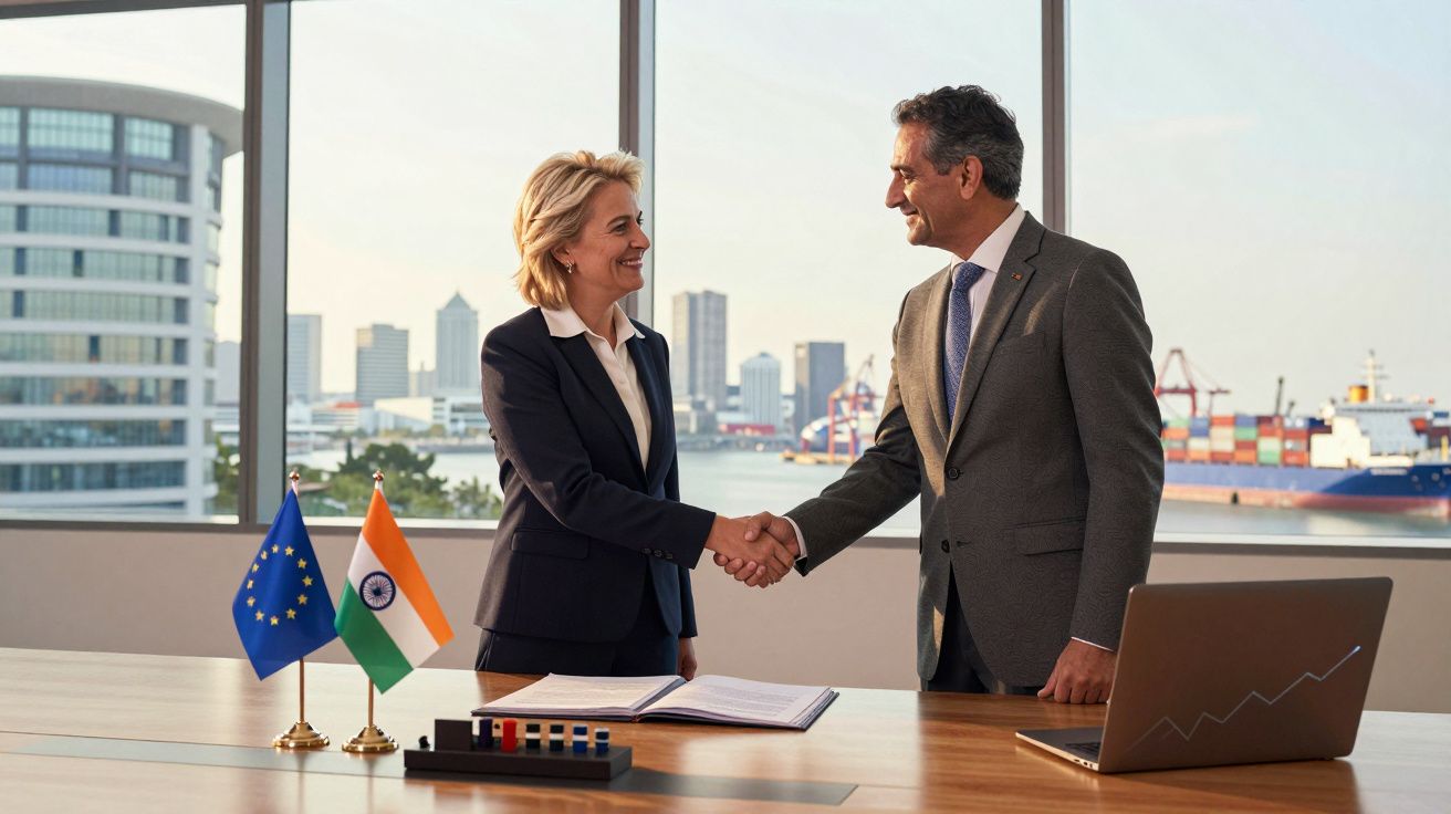 Duas pessoas com fato apertam as mãos numa mesa com bandeiras da União Europeia e Índia, com vista para porto.