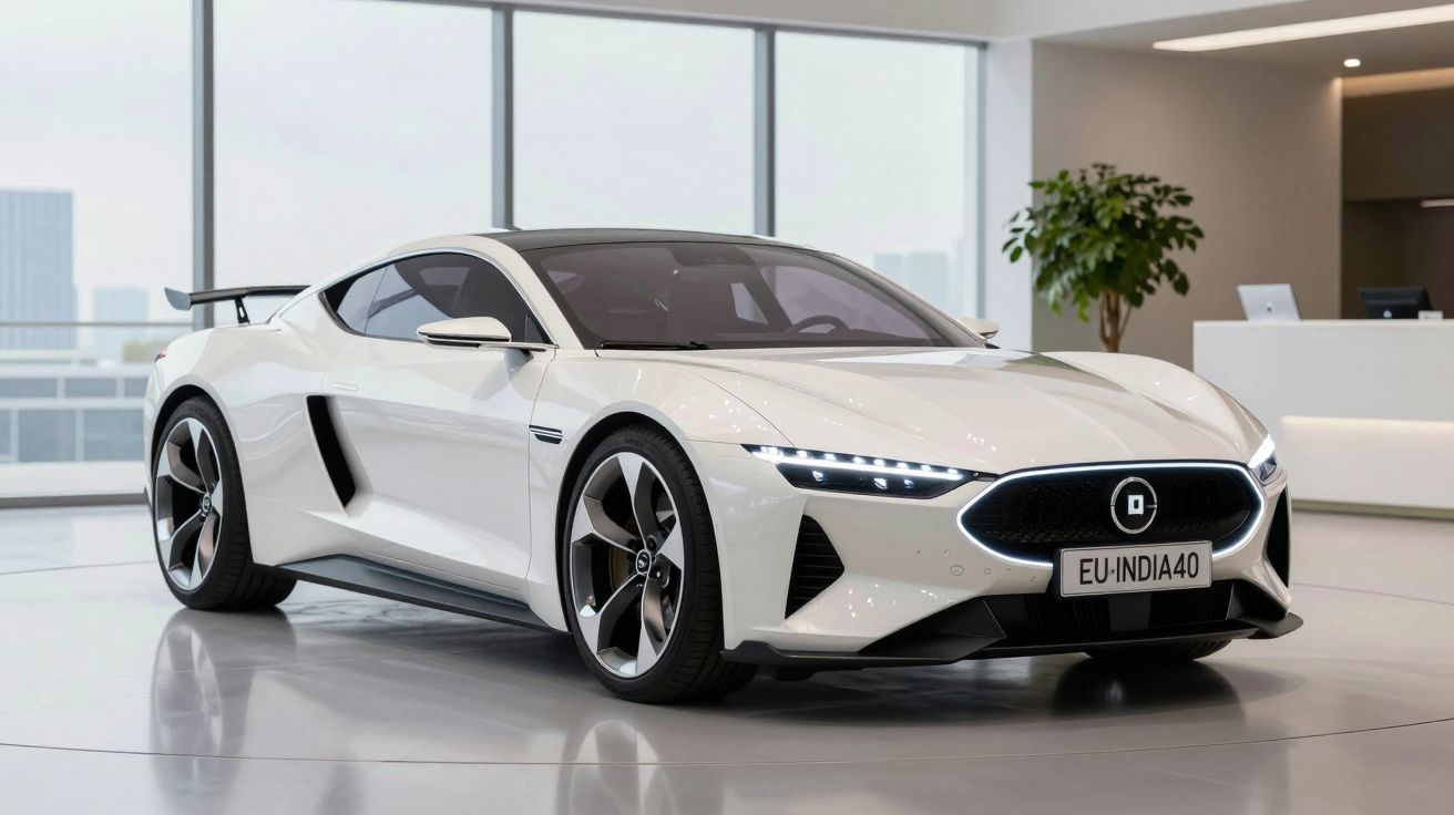 Carro desportivo eléctrico branco em exposição num showroom moderno com janelas amplas.