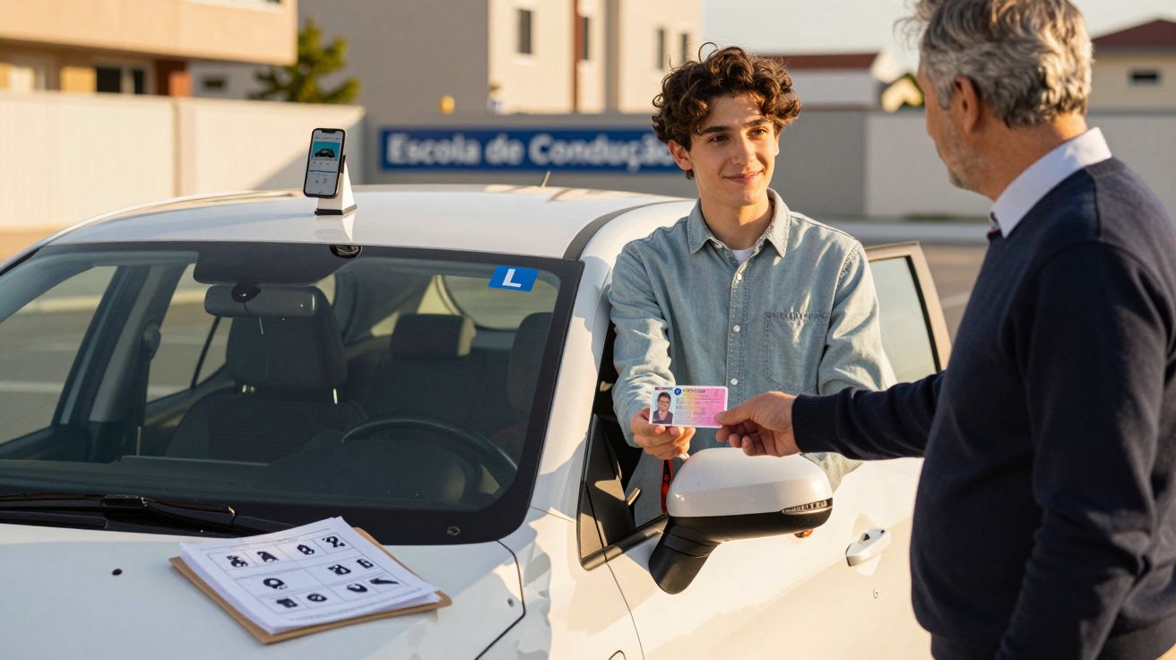 Jovem a mostrar carta de condução num carro de uma escola de condução a instrutor.