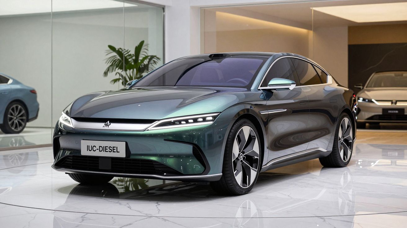 Carro elétrico moderno verde escuro estacionado em showroom com chão branco polido.