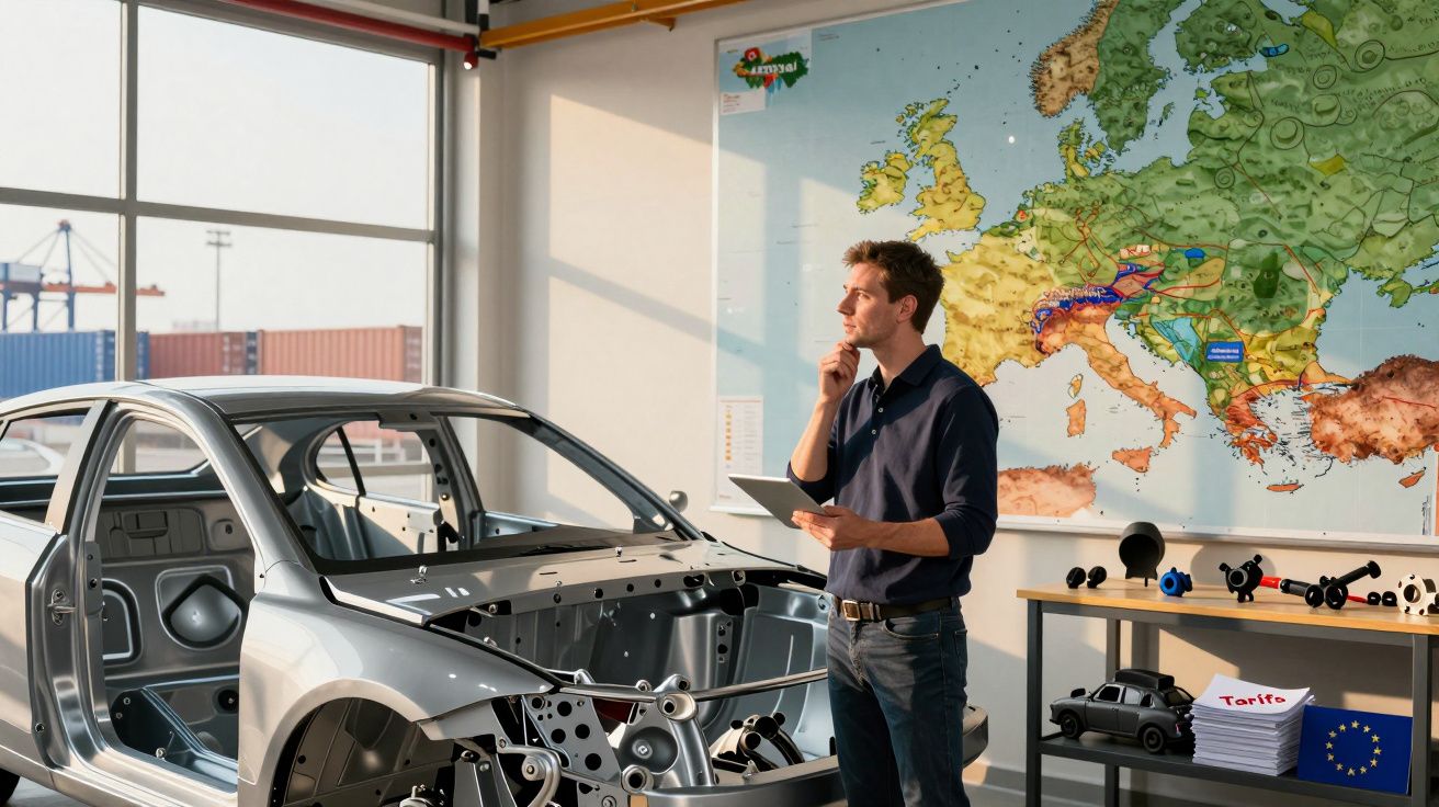 Homem com tablet observa carro metálico desmontado junto a mapa da Europa numa oficina de engenharia automóvel.