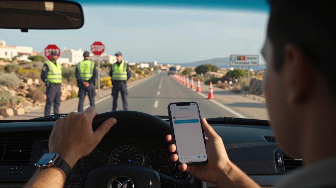 Condutor a usar telemóvel dentro de carro próximo de controle policial numa estrada com sinal de STOP.