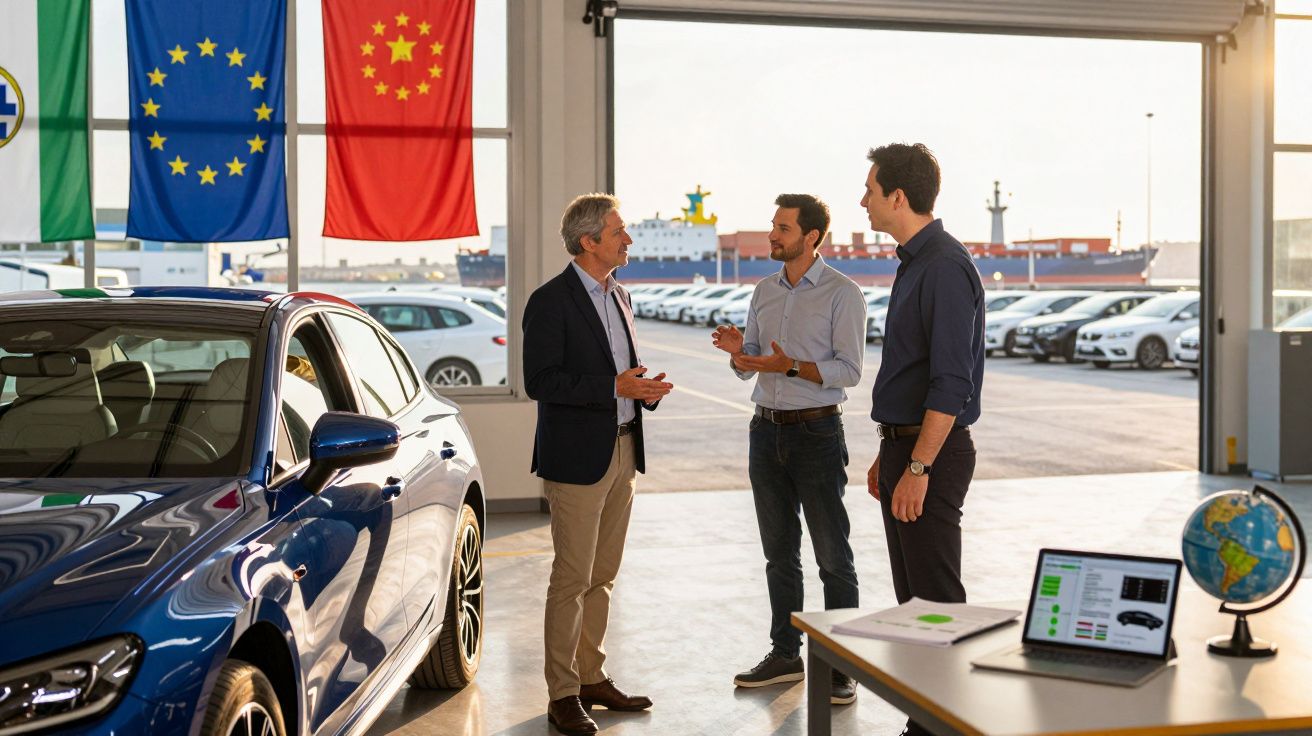 Três homens conversam numa garagem com automóveis, bandeiras internacionais e um porto ao fundo.