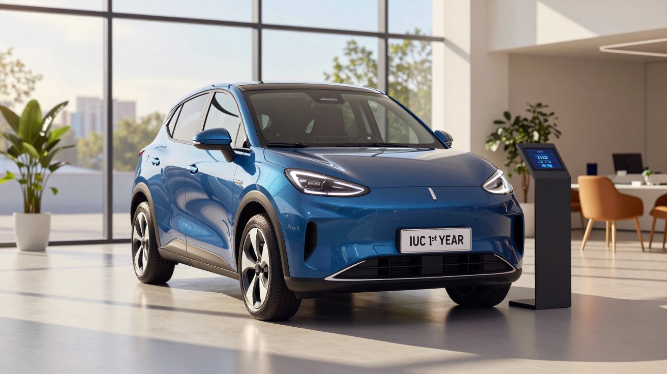 Carro elétrico azul estacionado em interior com grandes janelas e pedestal digital ao lado.