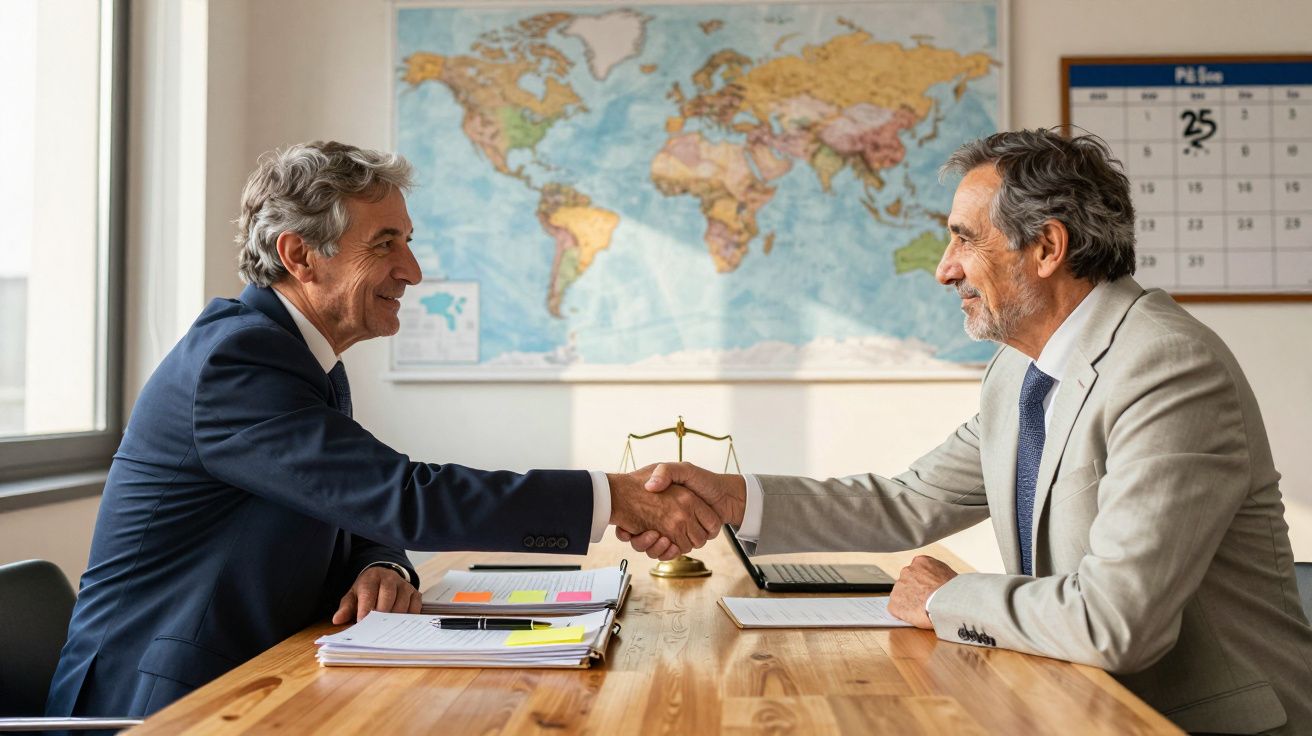 Dois homens de negócios a apertar as mãos numa sala de reuniões com mapa-mundo ao fundo.
