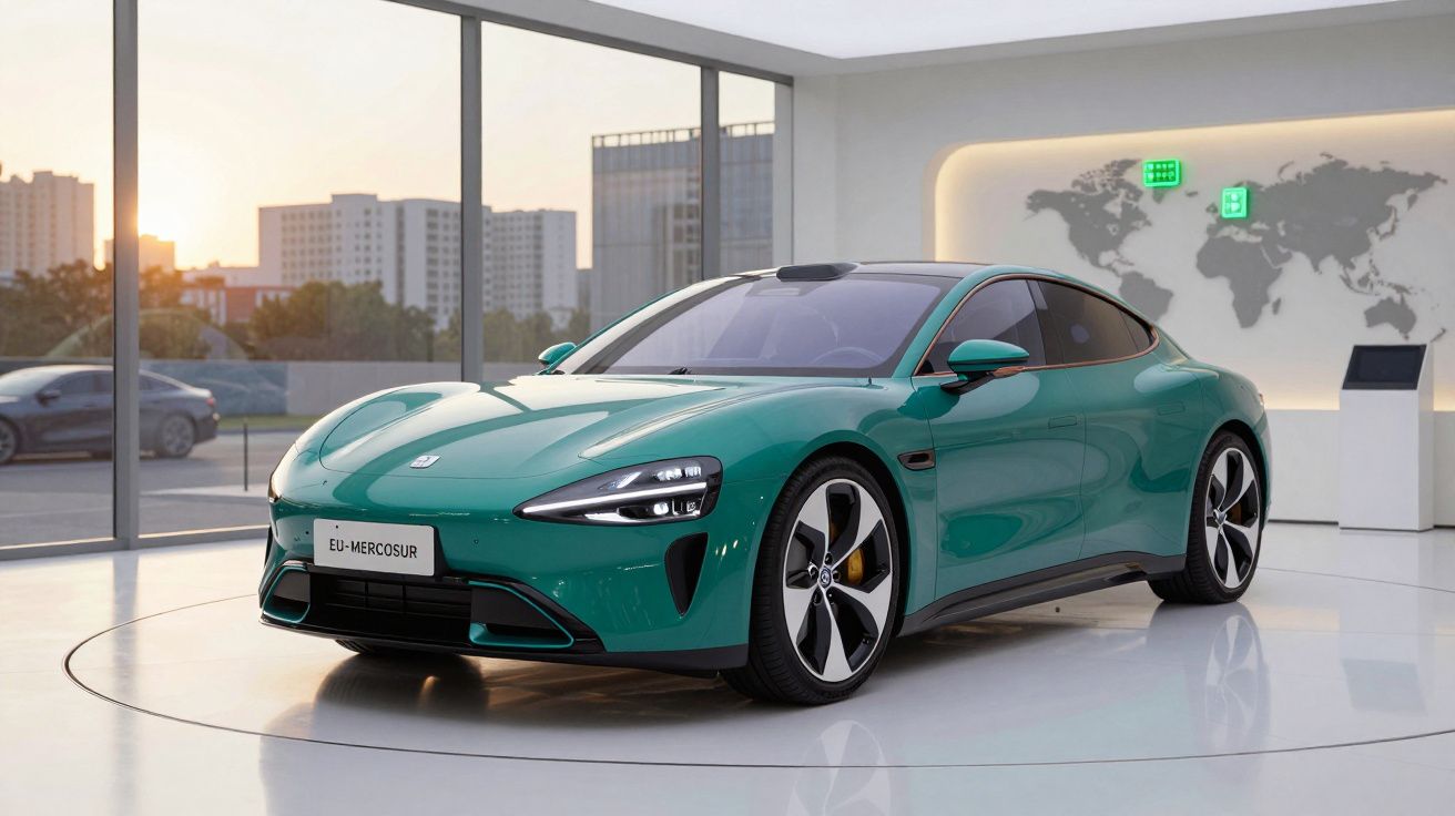 Carro eléctrico verde numa sala de exposição moderna com janelas panorâmicas e mapa-múndi na parede.