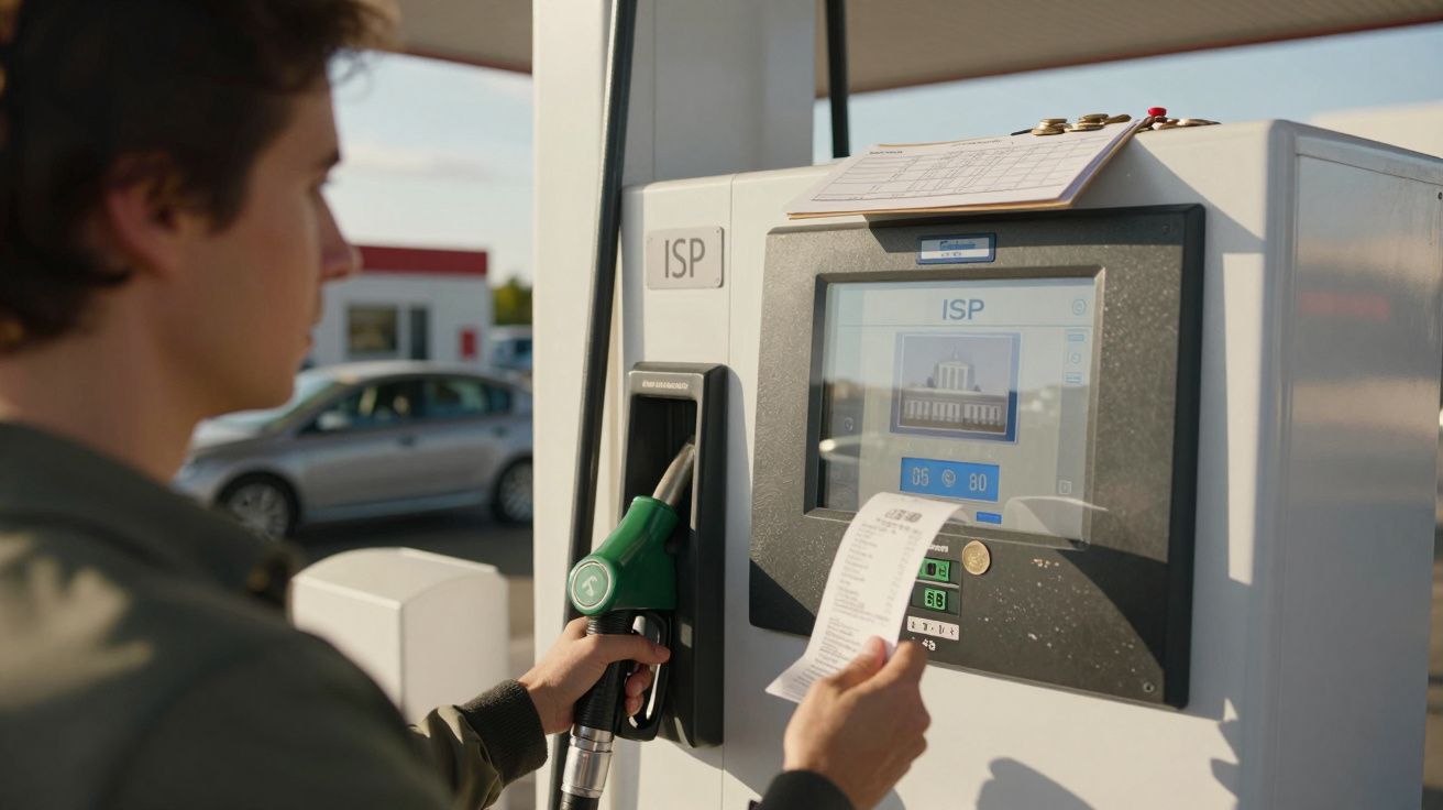 Pessoa a abastecer carro com gasolina numa bomba de combustível num posto de gasolina.