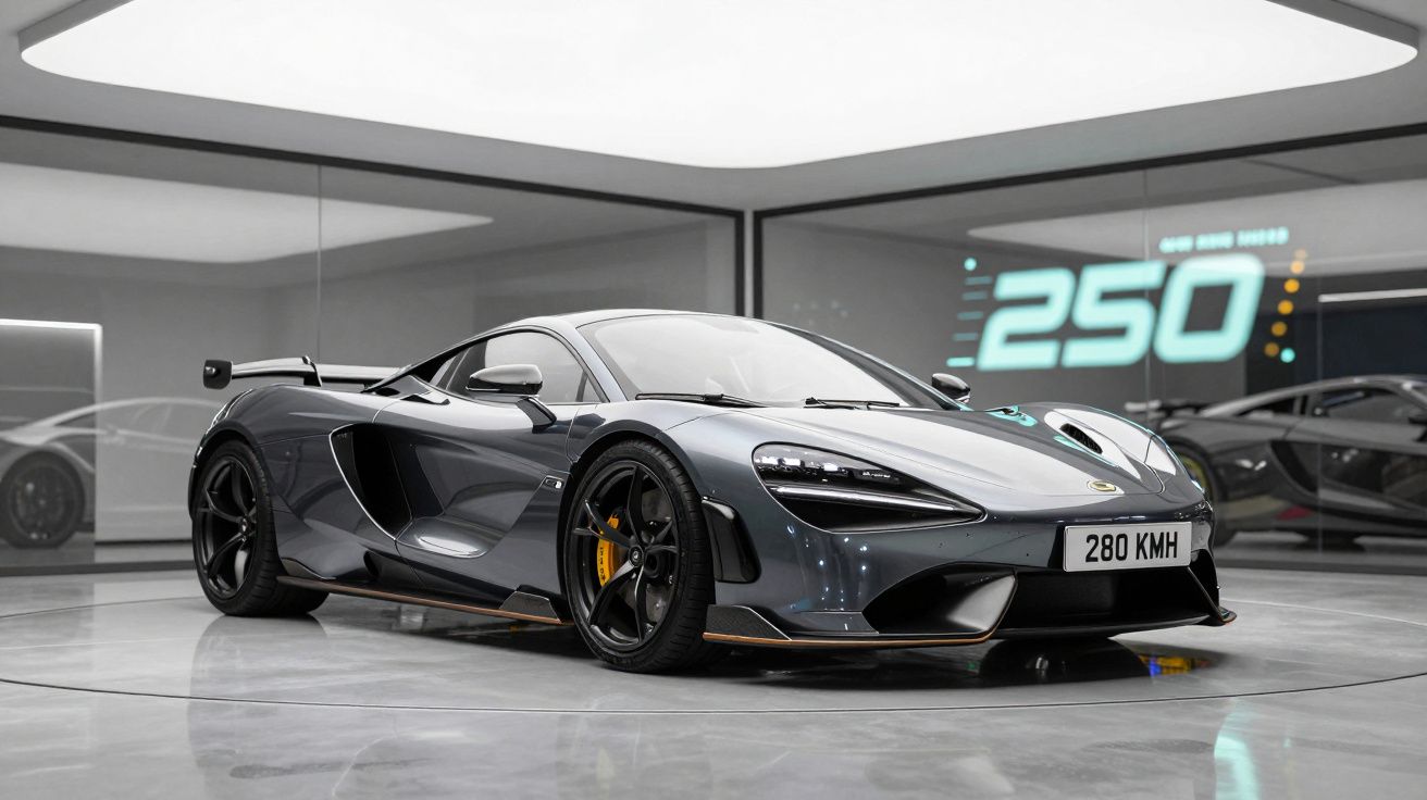 Carro desportivo cinzento metálico com decoração preta e jantes pretas numa sala moderna com luz suave.